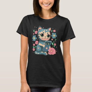 Leuk klein kattendier met mobiele telefoon en bloe t-shirt