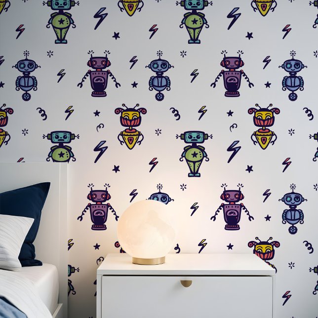 Leuk kleurrijk Kinder robots ruimtepatroon Behang (Fun Colorful Kids Robotic Robots Space Pattern Wallpaper)