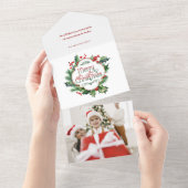 Leuk kleurrijk Merry Christmas Holly Script All In One Uitnodiging (Afscheurbaar)