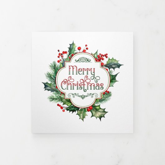 Leuk kleurrijk Merry Christmas Holly Script Drieluik Wenskaart (Cover)