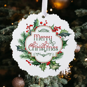 Leuk kleurrijk Merry Christmas Holly Script Ornament Kaart