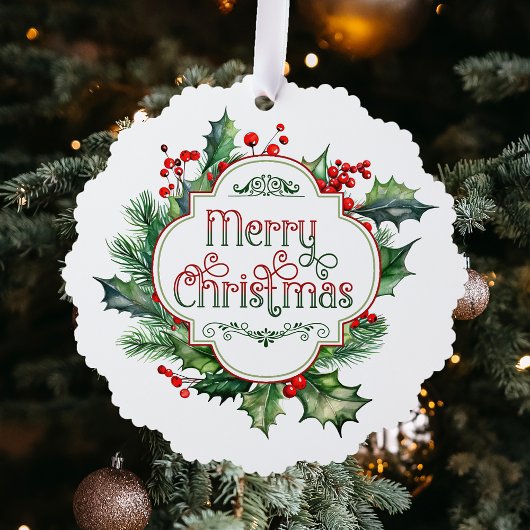 Leuk kleurrijk Merry Christmas Holly Script Ornament Kaart