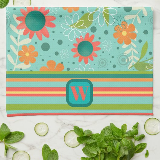 Leuk kleurrijk Monogram Initiaal Gestreepte Bloeme Theedoek (Gevouwen)