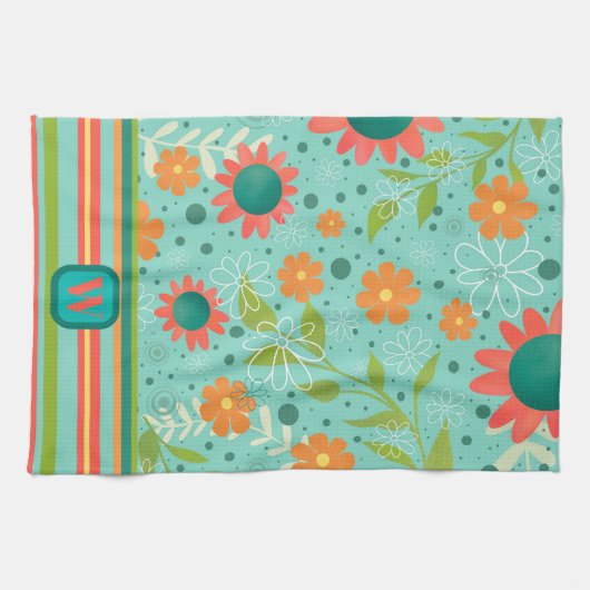 Leuk kleurrijk Monogram Initiaal Gestreepte Bloeme Theedoek (Horizontaal)
