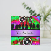 Leuk kleurrijk retro muziekfeest kaart (Staand voorkant)