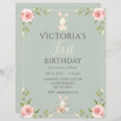 Leuk konijn eerste verjaardag groene budget uitnod (Voorkant / Achterkant)