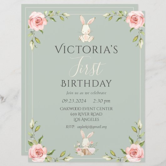 Leuk konijn eerste verjaardag groene budget uitnod (Voorkant / Achterkant)