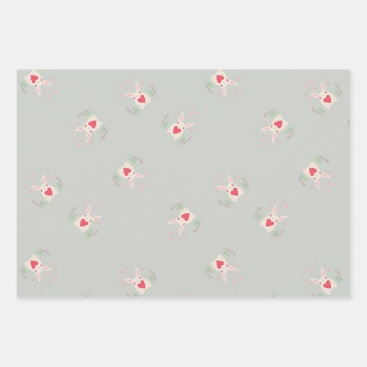 Leuk konijn en harten patroon grijs inpakpapier vel (Voorkant)