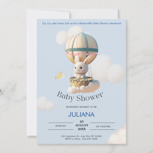 Leuk Konijn in Hete Luchtballon Blauw Baby shower Kaart (Voorkant)