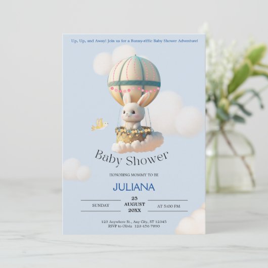 Leuk Konijn in Hete Luchtballon Blauw Baby shower Kaart (Staand voorkant)
