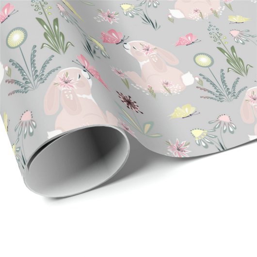 Leuk konijn met bloemen en vlinders cadeaupapier (Rol Hoek)