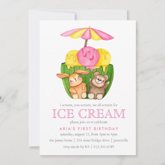 Leuk konijn Teddy Bear Ice Cream 1e Verjaardagsfee Kaart (Voorkant)