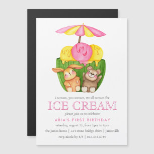Leuk konijn Teddy Bear Ice Cream 1e Verjaardagsfee Magnetische Uitnodiging