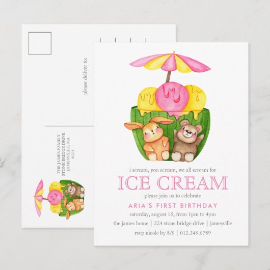 Leuk konijn Teddy Bear Ice Cream 1e Verjaardagsfee Uitnodiging Briefkaart (Voorkant / Achterkant)