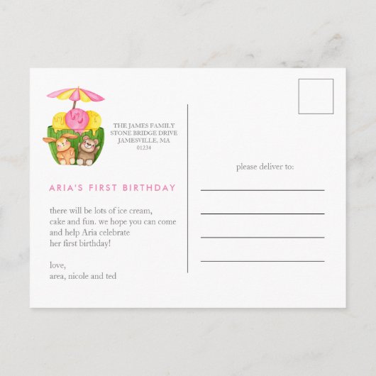 Leuk konijn Teddy Bear Ice Cream 1e Verjaardagsfee Uitnodiging Briefkaart (Achterkant)