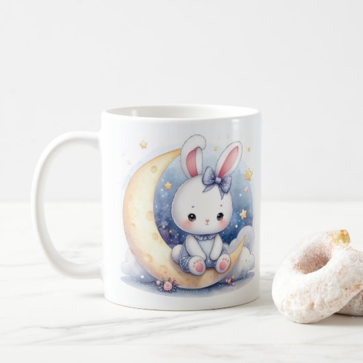Leuk konijntje dat op de maan zit koffiemok (Met donut)