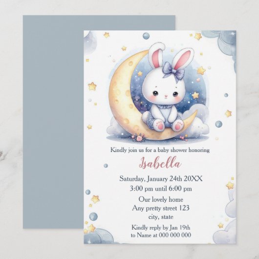Leuk konijntje en heerlijk Moon baby shower Kaart (Voorkant / Achterkant)