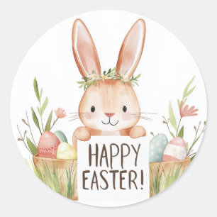 Leuk konijntje met bloemen en eieren ronde sticker