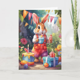 Leuk konijntje met taart, in de tuin op een feestj kaart