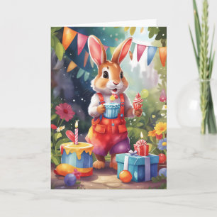 Leuk konijntje met taart, in de tuin op een feestj kaart