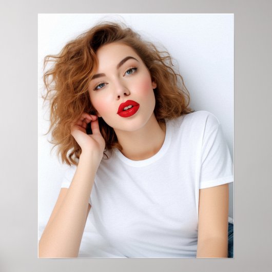 Leuk krullend haarmodel met Gildan shirt Poster (Voorkant)