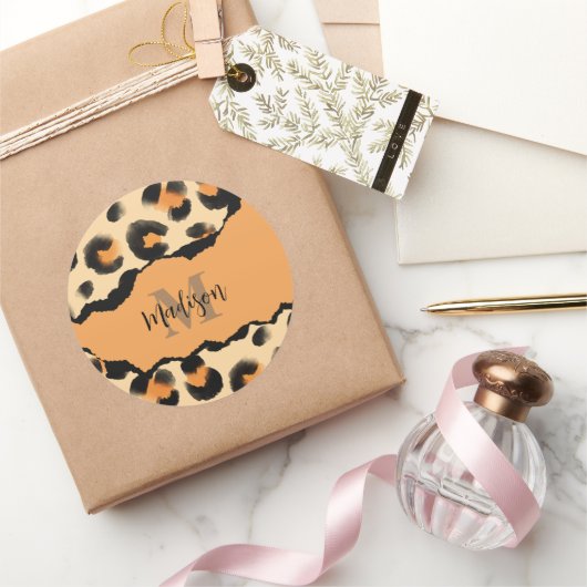 Leuk Leopard Print Monogram Ronde Sticker (Geschenken)