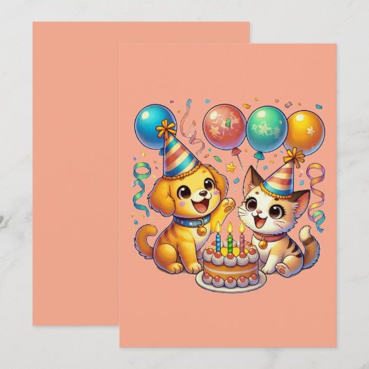 Leuk & Leuk Verjaardag Puppy & Kitten Party Kaart (Voorkant / Achterkant)