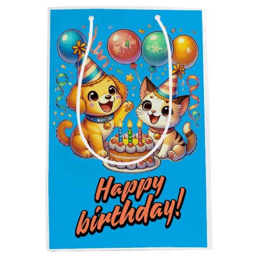 Leuk & Leuk Verjaardag Puppy & Kitten Party Medium Cadeauzakje (Voorkant)