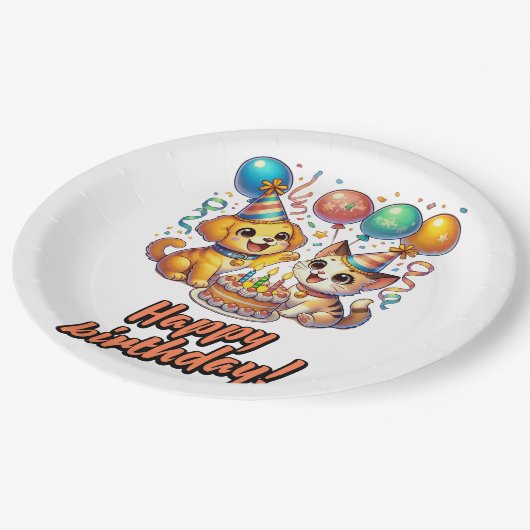 Leuk & Leuk Verjaardag Puppy & Kitten Party Papieren Bordje (Gekanteld)