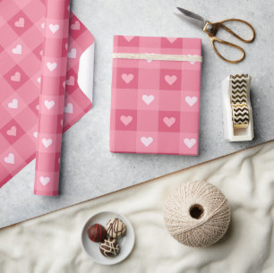 Leuk Liefde Roze Hart Geruit Patroon Cadeaupapier