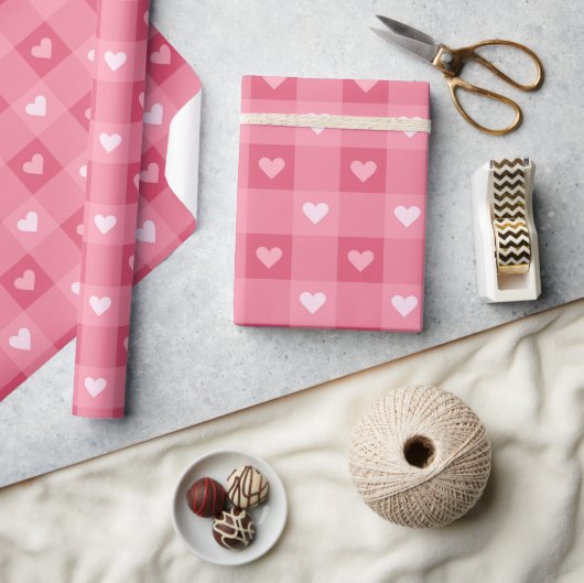 Leuk Liefde Roze Hart Geruit Patroon Cadeaupapier (Crafts)