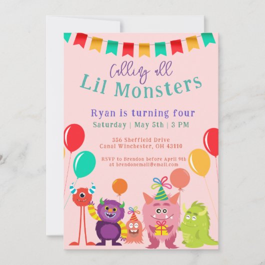 Leuk lil Monster Cartoon Roze Verjaardagsfeestje Kaart (Voorkant)