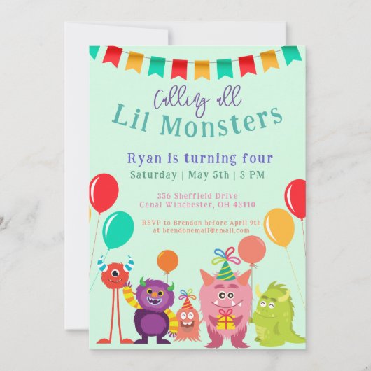 Leuk lil Monster Cartoon Tal Verjaardagsfeest Kaart (Voorkant)