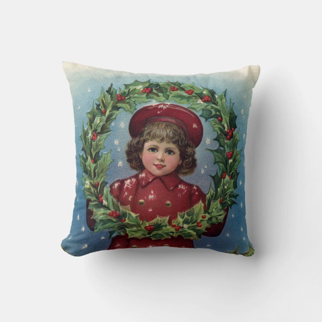 Leuk  Meisje en Kerstmis Berry Wreath Kussen (Voorkant)