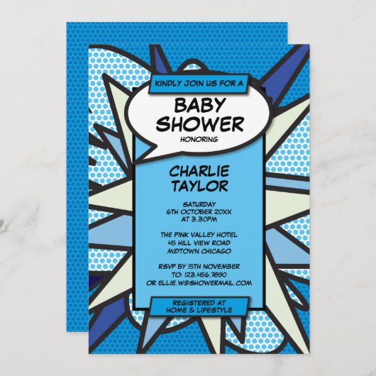 Leuk Modern Baby shower Boy Blue Comic Kaart (Voorkant / Achterkant)