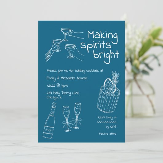 Leuk & Modern Hand getekend Blauw & Wit Kerstfeest Kaart (Staand voorkant)