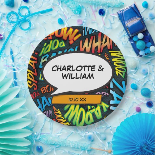 Leuk modern ontwerp typografische stripboek papieren bordje (Feest)