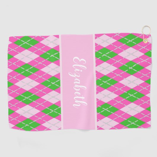 Leuk Modern roze preppy argyle aangepaste naam dam Golfhanddoek (Horizontaal)