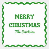 Leuk Modern Wavy Border Green Kerstfeest Vierkante Sticker (Voorkant)