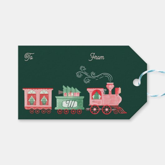 Leuk Monogram  Trein Kerstboom Levering Cadeaulabel (Voorkant (Horizontaal))