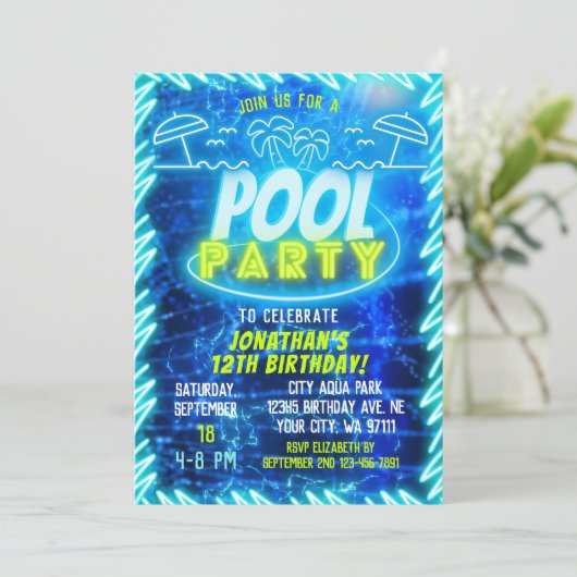 Leuk Neon Glow Blauw Groen Zwembad Party Jongens V Kaart (Staand voorkant)