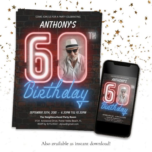 Leuk Neon Retro 60e Verjaardagsfeest Kaart