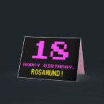 Leuk, Nerdy, Geeky, Roze, 8-Bit stijl 18e verjaard Kaart<br><div class="desc">De voorkant van dit grappige, nerd- en geeky-verjaardagskaartontwerp heeft een groot roze cijfer "18", samen met de boodschap "HAPPY BIRTHDAY, " in roze, en een vet geel aanpasbare naam van de ontvanger. De tekst heeft een look geïnspireerd door die van vintage 8-bit-stijl videogame/computergraphics uit de jaren 70 en 80, en...</div>