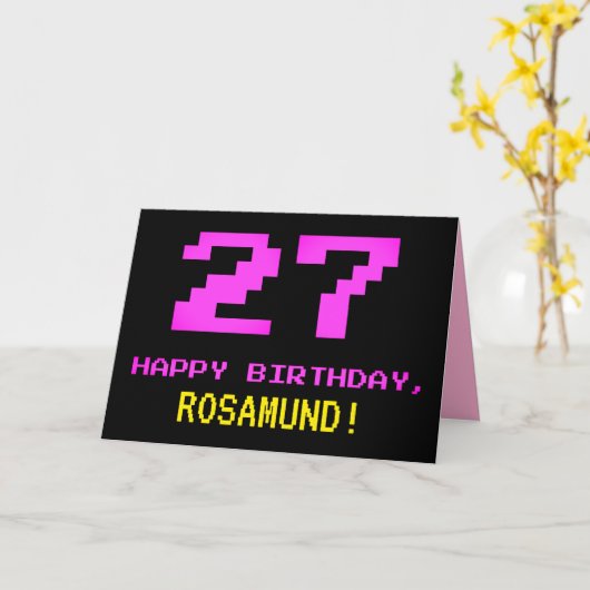 Leuk, Nerdy, Geeky, Roze, 8-bit stijl 27e verjaard Kaart (Gele Bloem)