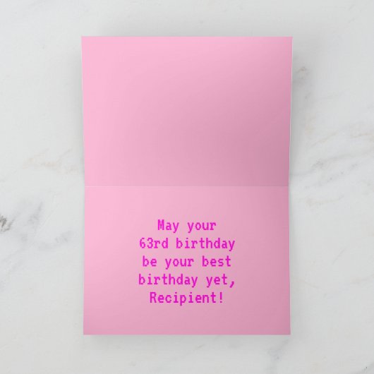 Leuk, Nerdy, Geeky, Roze, 8-bit stijl 63e verjaard Kaart (Binnen)