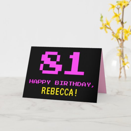 Leuk, Nerdy, Geeky, Roze, 8-bit stijl 81e verjaard Kaart (Gele Bloem)