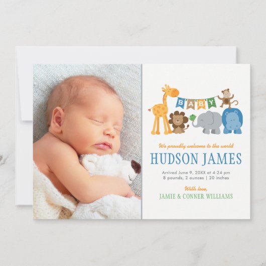 Leuk Oerwoud Dieren Baby Boy Blauw Foto Geboorte Aankondiging (Voorkant)