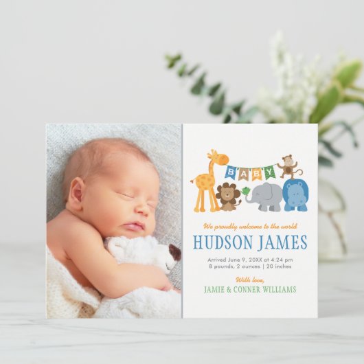 Leuk Oerwoud Dieren Baby Boy Blauw Foto Geboorte Aankondiging (Staand voorkant)