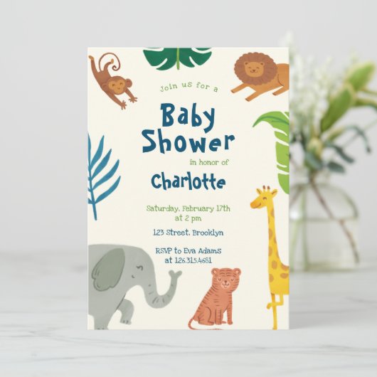 Leuk Oerwoud Dieren Baby shower Uitnodiging (Staand voorkant)