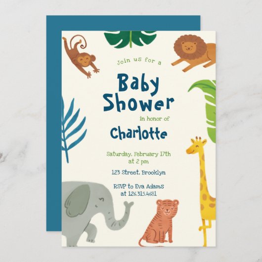 Leuk Oerwoud Dieren Baby shower Uitnodiging (Voorkant / Achterkant)